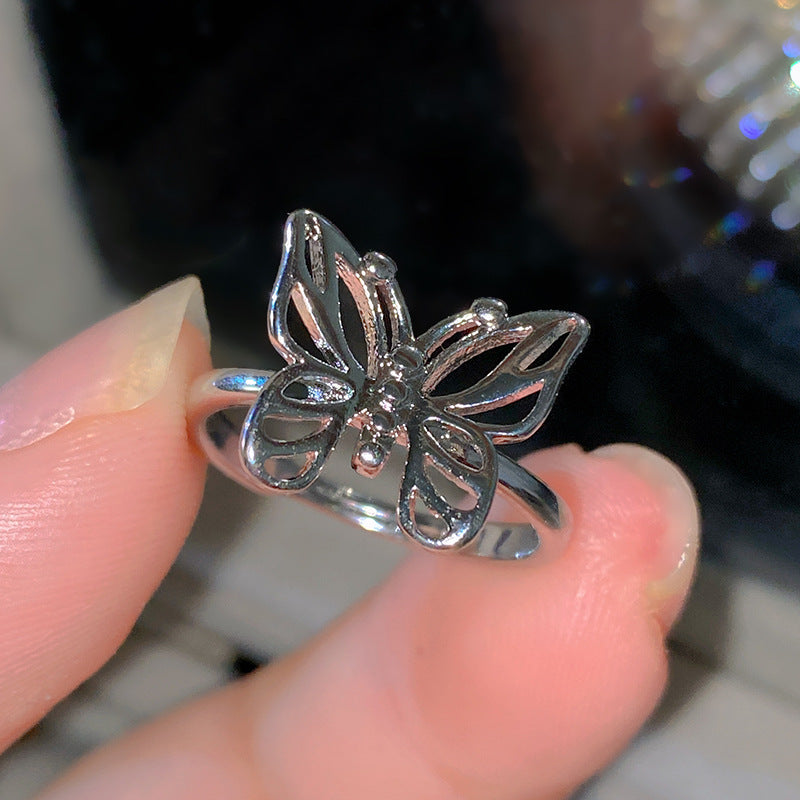 Sweet Elegant Heart Butterfly Brass Ring with Cubic Zirconia Handmade Adjustable