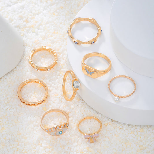 Geometric Alloy Plated Drip Oil Rhinestone Crystal Butterfly Evil Eye Joint Ring Set