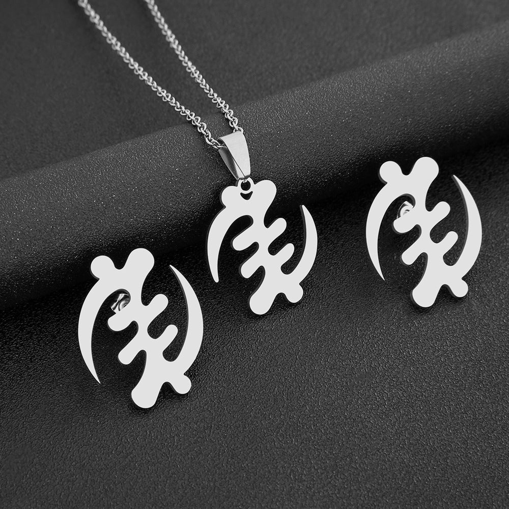 Collar y pendientes de mujer de acero inoxidable chapado en oro con colgante de símbolo africano geométrico de moda