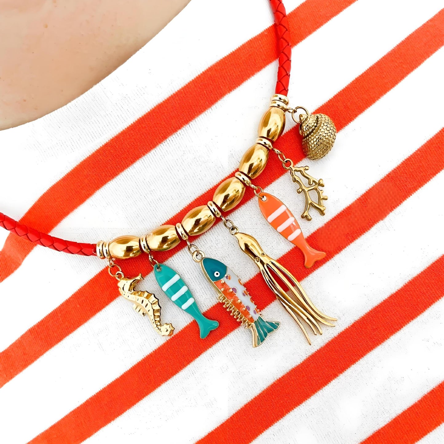 Collana con ciondolo a forma di polpo, cavalluccio marino, conchiglia e pesce pagliaccio in acciaio inossidabile placcato