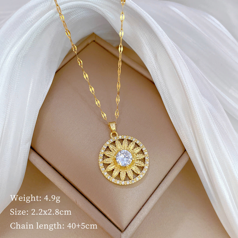 Collana pendente girasole minimalista in acciaio al titanio con intarsio di strass da donna e unisex, delicata catena per clavicola