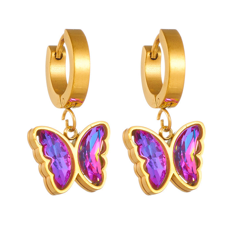 Orecchini Pendenti da Donna in Acciaio al Titanio Placcato Oro con Strass a Forma di Farfalla Stile Vintage