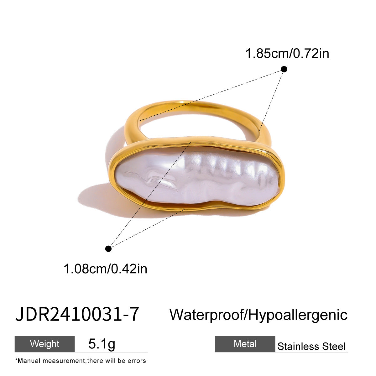 Anello da donna minimalista geometrico in acciaio inossidabile con intarsio di perle, fascia di lusso galvanizzata