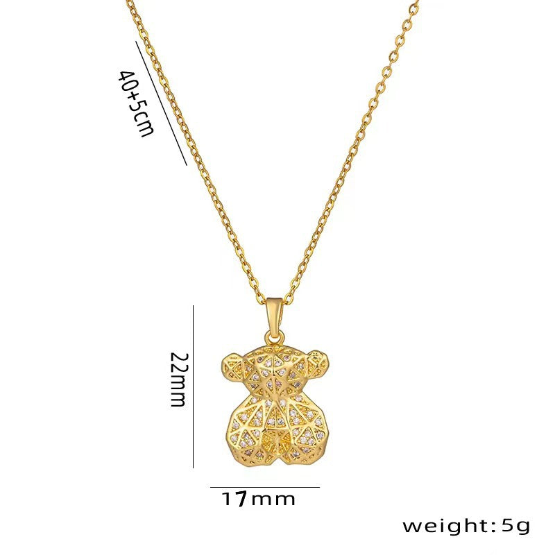 Minimalist Bear Pendant Necklace in Titanium Steel with Rhinestone Inlay on O-Chain for Women