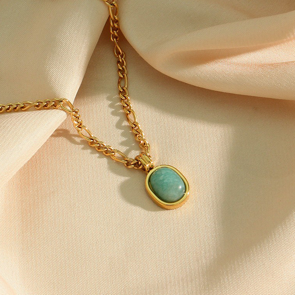 Minimalist Mint Green Roman Natural Amazonite Pendant Necklace for Women with Geometric Shape Stainless Steel Chain