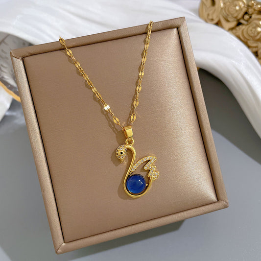 Exotic Style Geometric Swan Pendant Titanium Steel Necklace for Women with Rhinestone Accents and Adjustable Chain