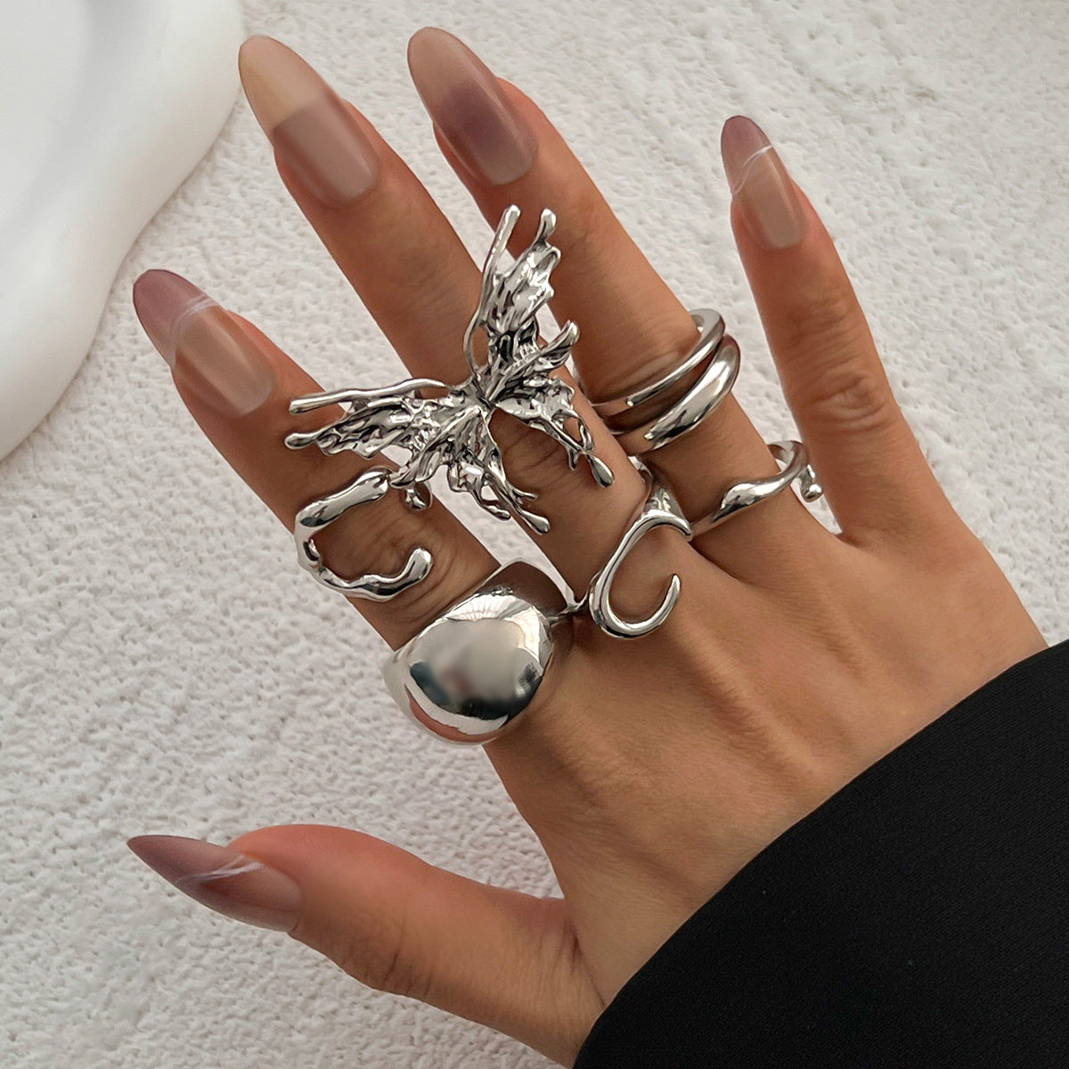 Minimalist Lava Butterfly Ring Set Geometric Animal-Shaped Open Band Stackable Metal Rings for Women
