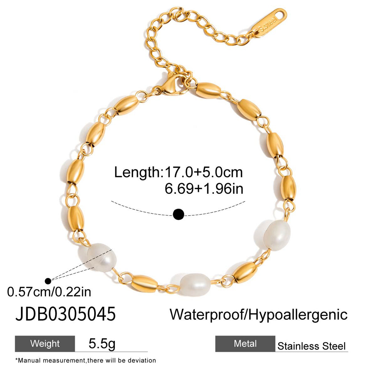 Bracciale alla moda in acciaio titanio a forma di animale con dettagli in perle d'acqua dolce per donna, gioielli in acciaio inossidabile galvanizzato