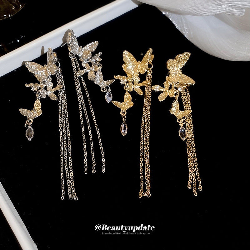 Orecchini a perno pendenti da donna con farfalla e fiore intarsiati di strass, stile chic, con perni in argento 925
