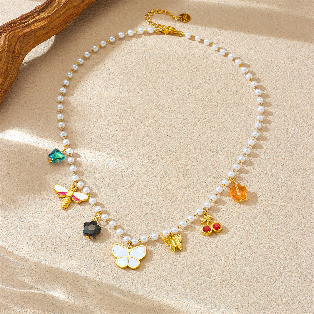 Collana con ciondolo a farfalla e insetto alla moda in acciaio inossidabile con finitura placcata da donna
