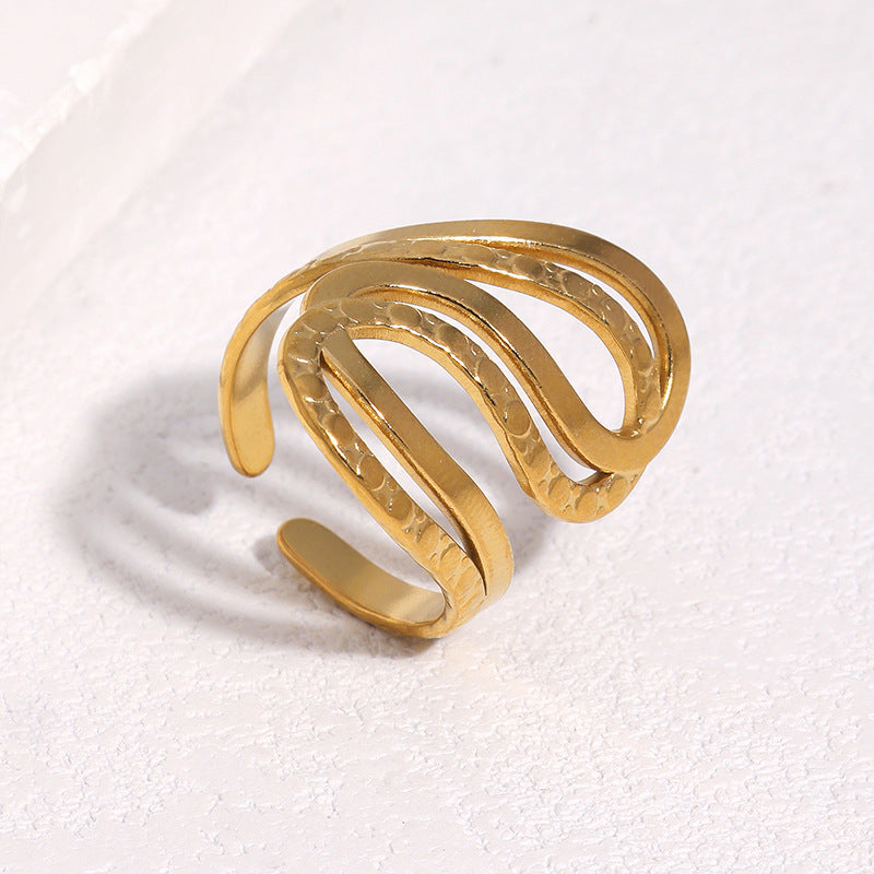 Minimalist Geometric Textured Stainless Steel Ring with 18K Gold Plating for Women