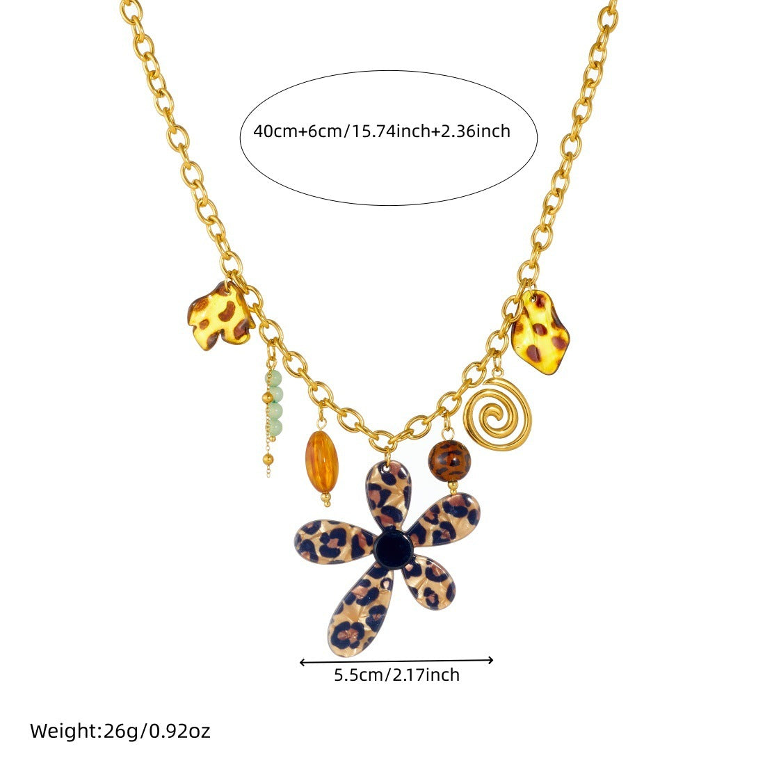 Vintage Leopard Print Floral Acrylic and Stainless Steel Gold Plated Tassel Necklace for Women