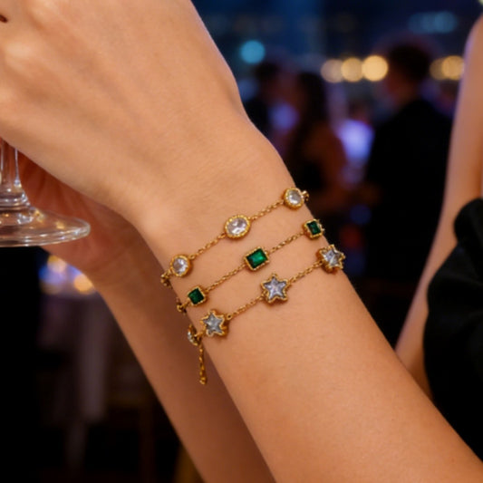 Elegant 18K Gold Plated Geometric Stainless Steel Bracelet with Rhinestone Inlay for Women