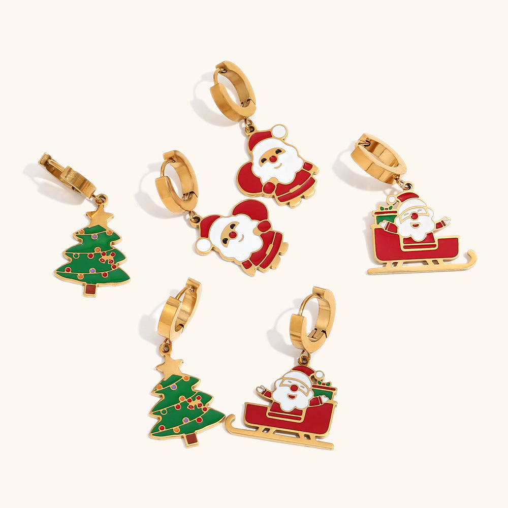 Fashionable OL Style Cartoon Santa Claus Sled Reindeer Christmas Tree Earrings for Women in Stainless Steel with 18K Gold Plating