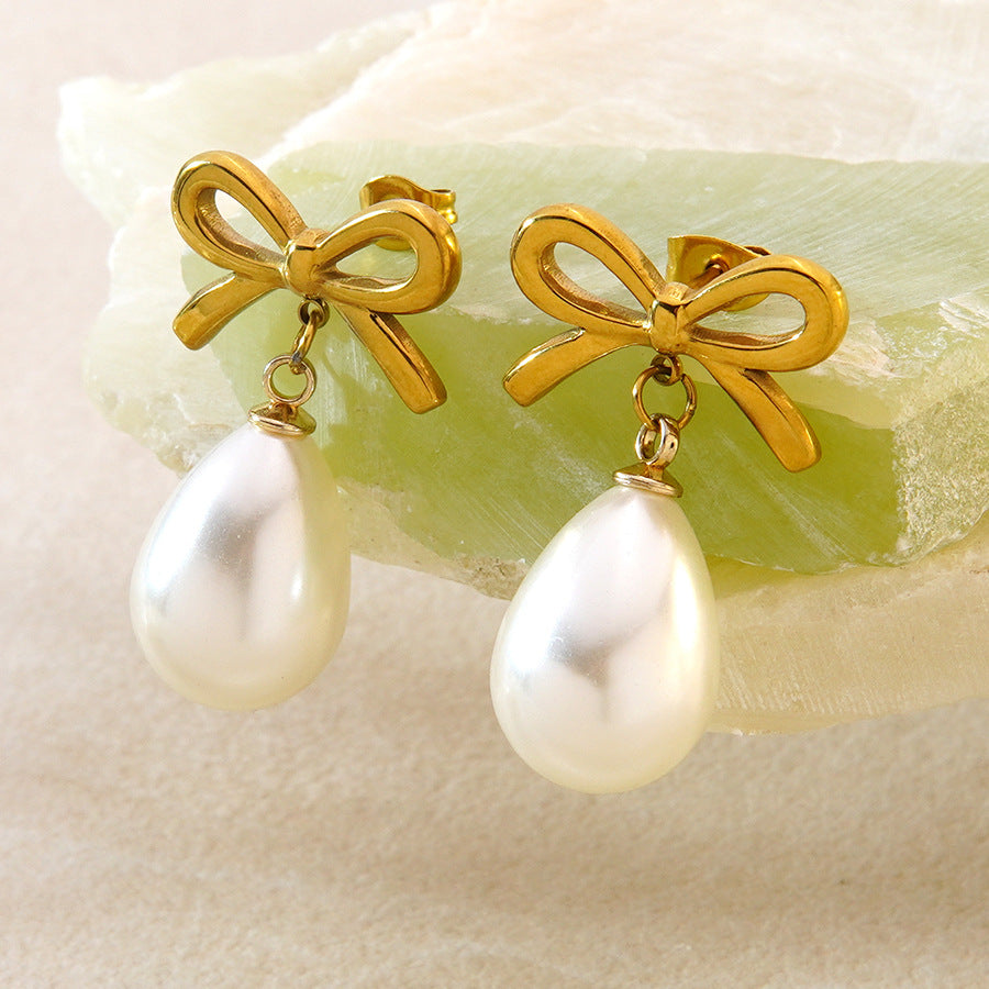 Sweet Elegant Floral Bow Plated Stainless Steel Dangle Earrings for Women
