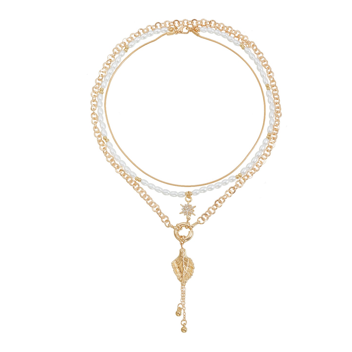 Casual Gold Plated Alloy Leaf Heart Geometric Necklace with Rhinestone and Pearl Tassel for Women