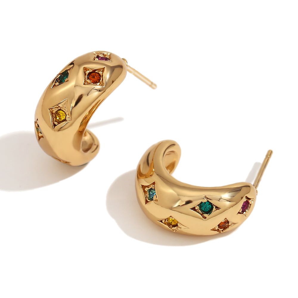 Fashionable Vintage-Style Geometric Stainless Steel Plated 18K Gold Moon and Star Earrings with Colorful Zircon Inlay