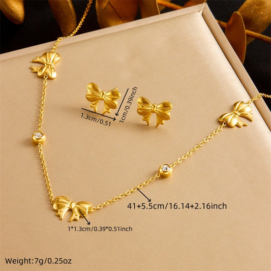 Minimalist Vintage Sweet Gold Plated Round Rhinestone Bow Stainless Steel Jewelry Set for Women
