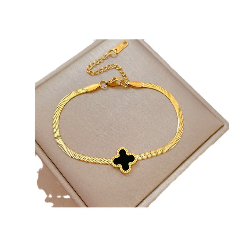 Pulsera Vintage de Cadena de Serpiente con Trébol de la Suerte para Mujer, Acero Titanio con Baño de Oro, Cuentas Redondas, Estilo Bohemio
