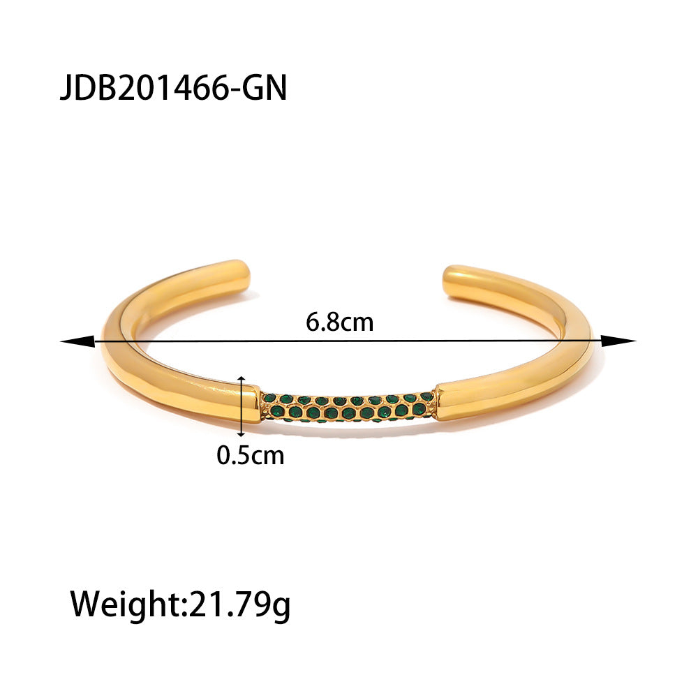 INS Style Geometric Stainless Steel Bracelet with 18K Gold Plating and Green Rhinestone Inlay