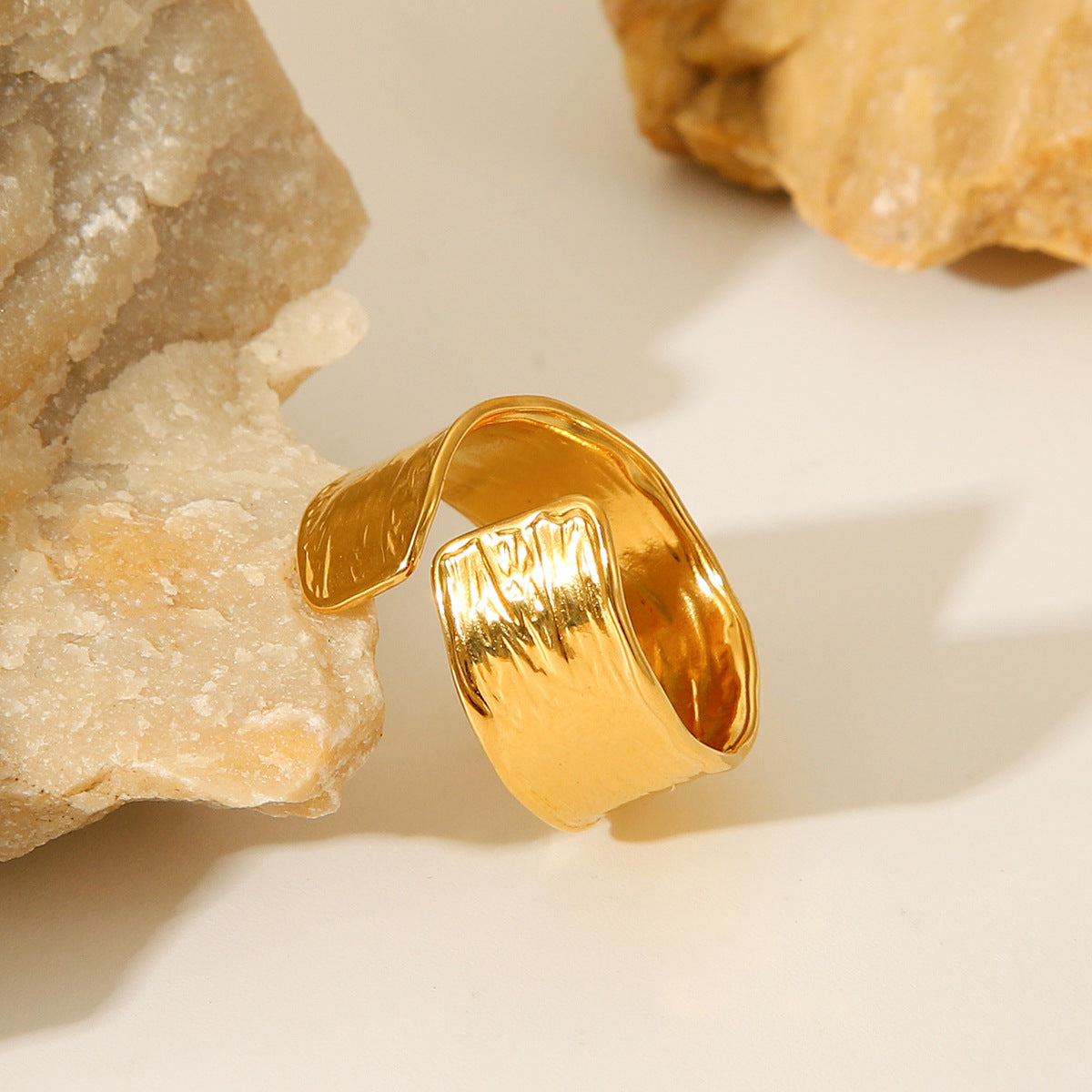 Minimalist Geometric Titanium Steel Ring with 18K Gold Plating and Textured Surface for Women