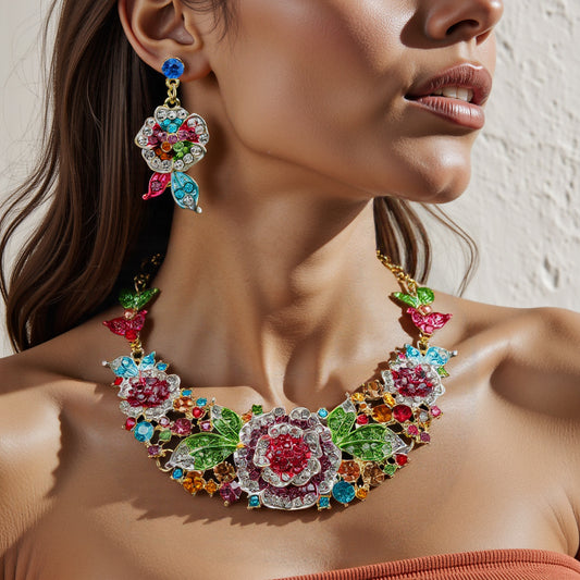 Conjunto de collar y pendientes étnicos de rosas florales de aleación con acabado chapado para mujer
