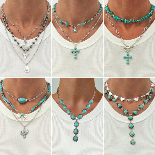 Collar vintage bohemio en forma de Y con borla y colgante de corazón turquesa en aleación con acabado chapado