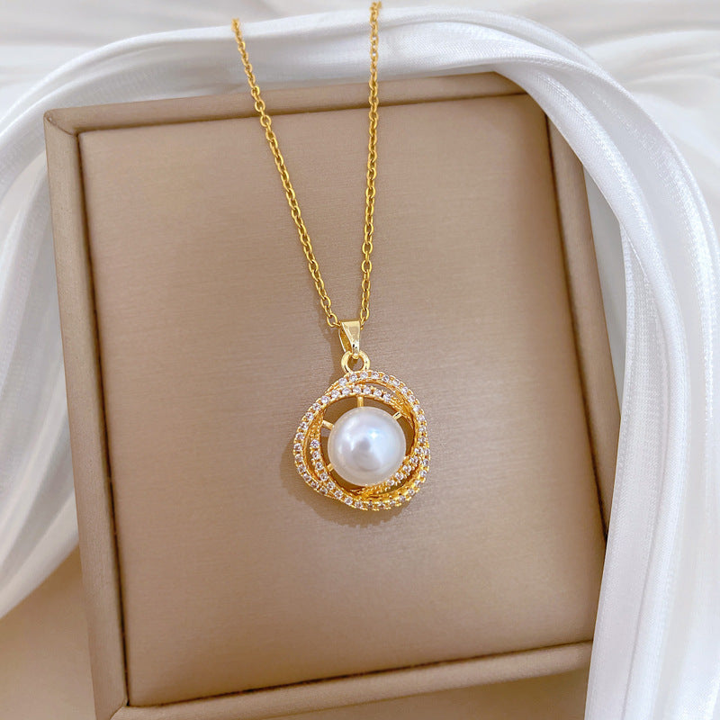 Sweet Luxury Geometric Moon Titanium Steel Necklace with Pearl and Cubic Zirconia for Unisex