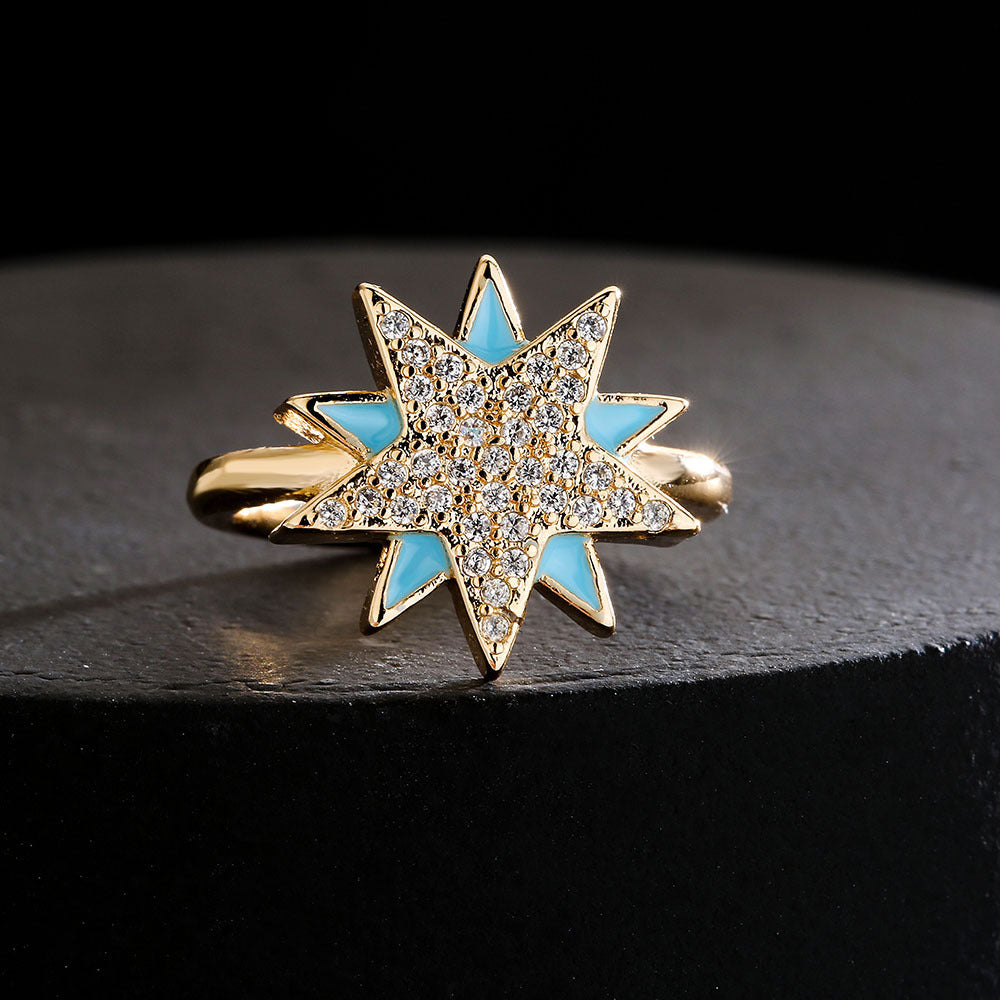 Cartoon Style Geometric Open Star Ring for Women in Copper with 18K Gold Plating and Cubic Zirconia Inlay
