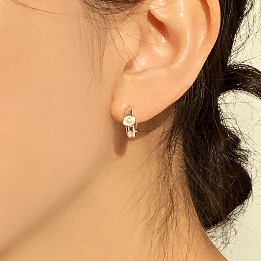 Minimalist Sweet 925 Sterling Silver Geometric Letter Pearl Stud Earrings Gold Plated