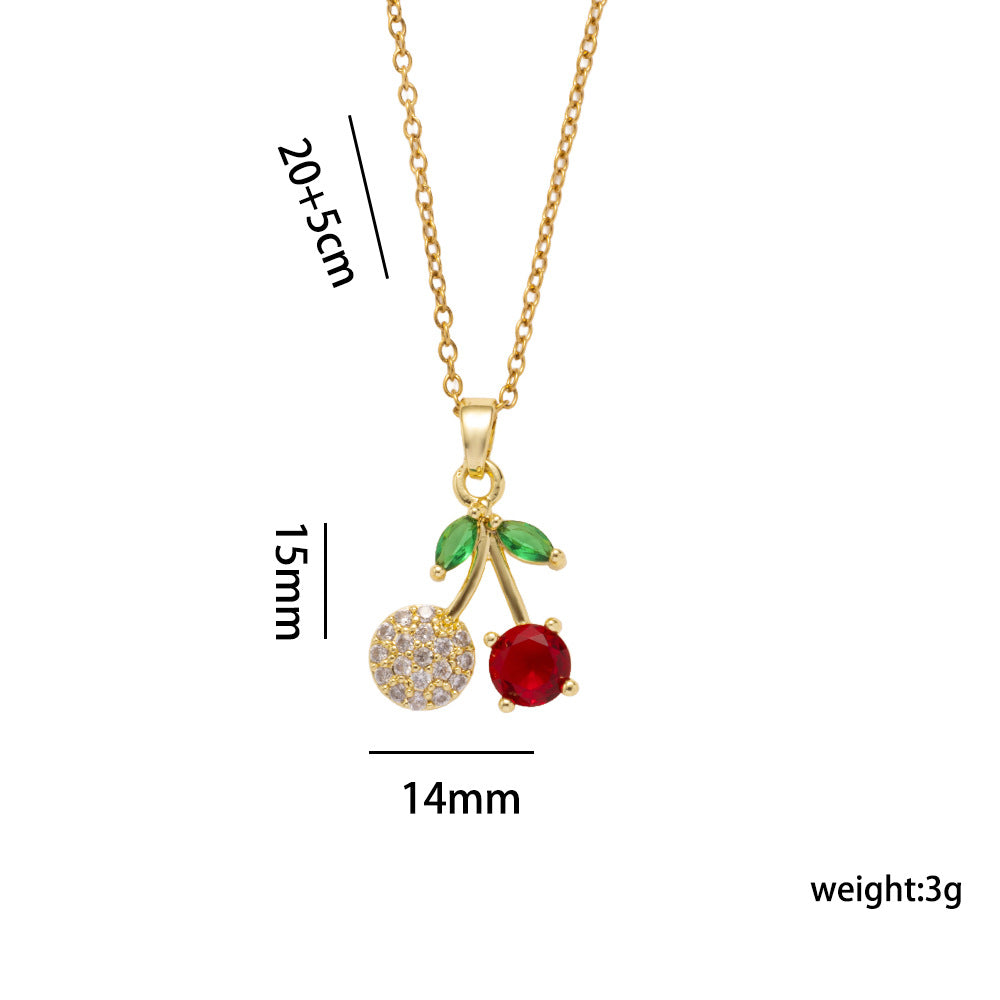 Cherry-Shaped Pendant Necklace Set for Women in Titanium Steel with Rhinestone Inlay and Plated Finish, O-Chain Design, Minimalist Luxury Style