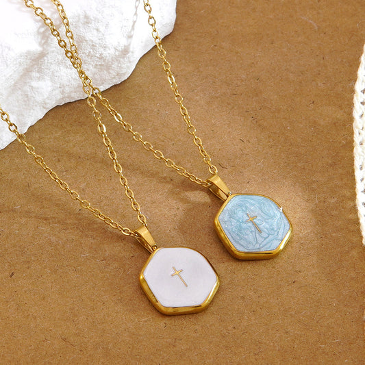 Collana da donna in acciaio inossidabile placcato olio a goccia, geometrica, croce, lusso minimalista