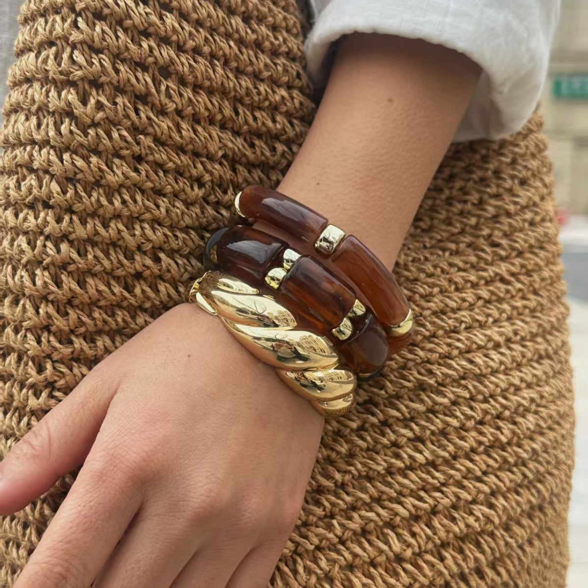 Geometric Gold Plated Alloy Rope Chain Bracelet with Coffee Beads