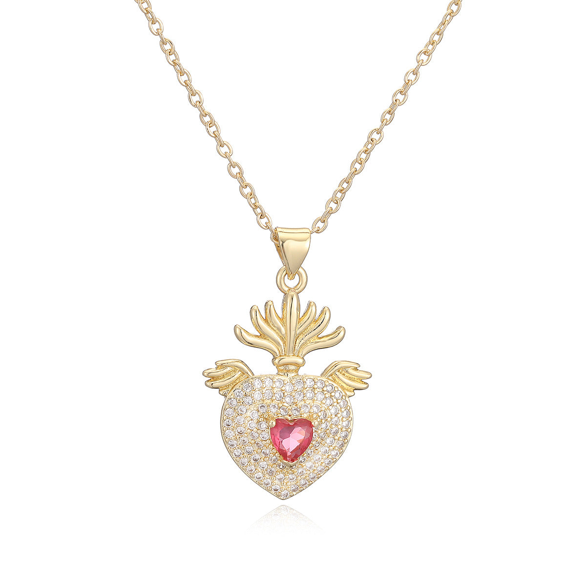 Vintage Minimalist 18K Gold Plated Brass Geometric Heart Cubic Zirconia Pendant Necklace