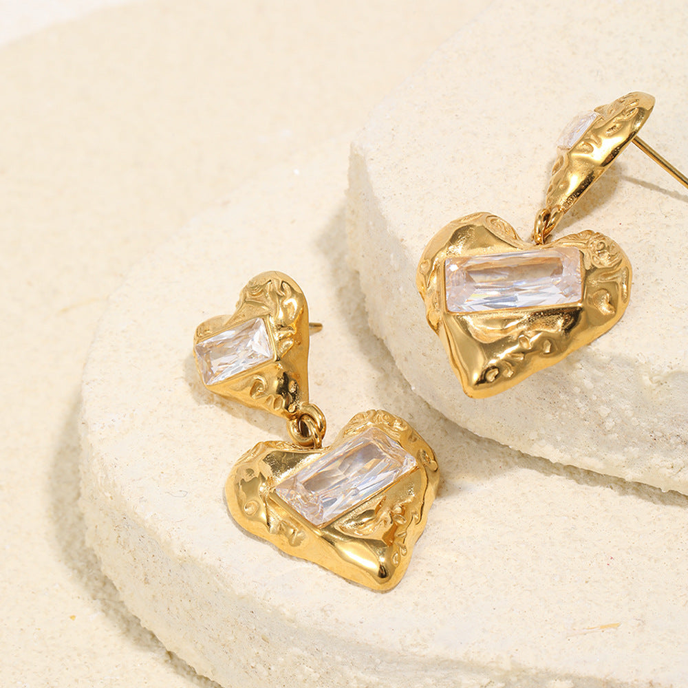 Pendientes de circonita cúbica con corazón geométrico de acero inoxidable chapado en oro de 18 quilates, lujo minimalista