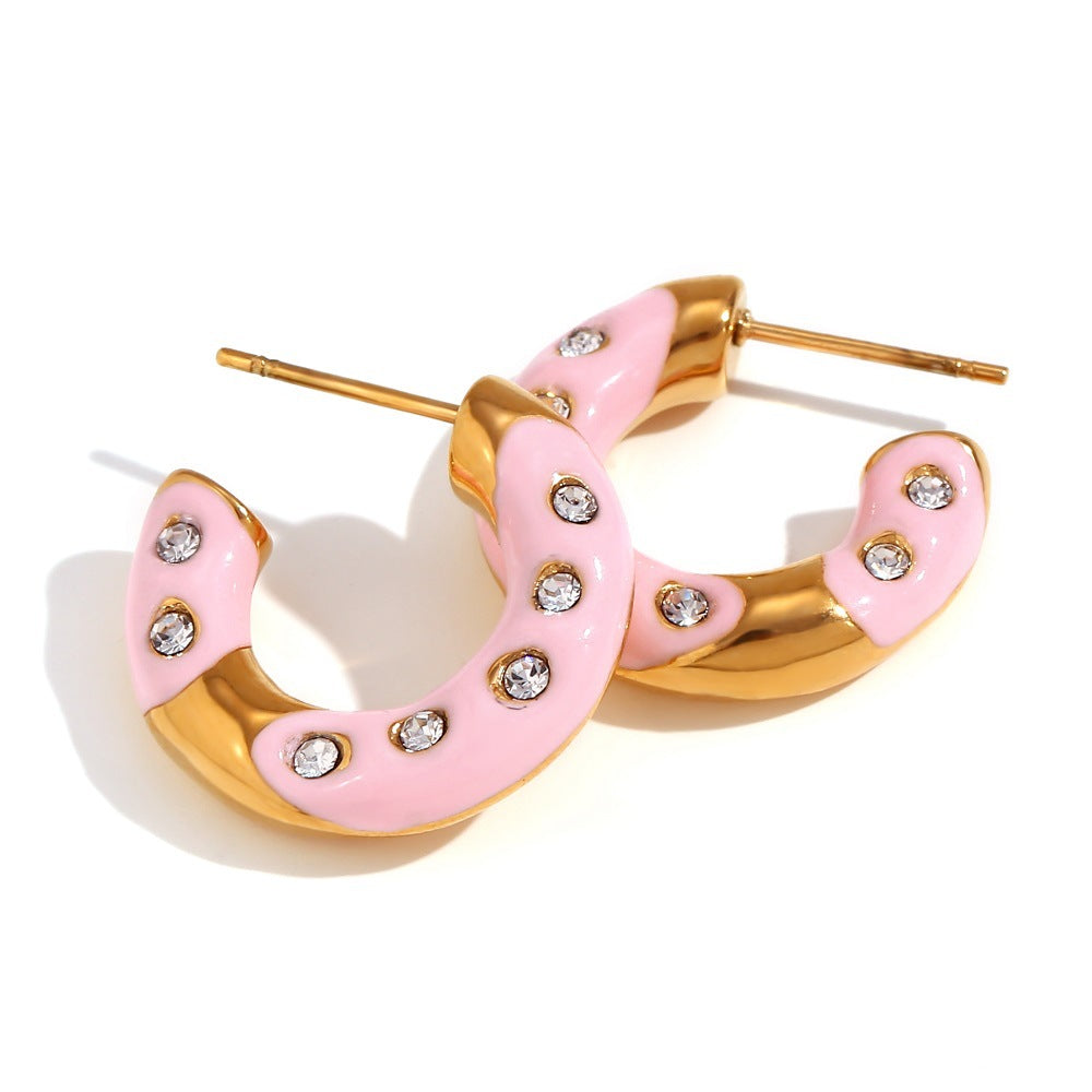 Orecchini a cerchio da donna geometrici alla moda in acciaio inossidabile placcati oro 18 carati smaltati con strass a forma di ciambella