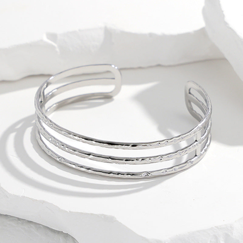 Adjustable Titanium Steel Bracelet for Women with Geometric Line Design Electroplated Finish Statement Cuff