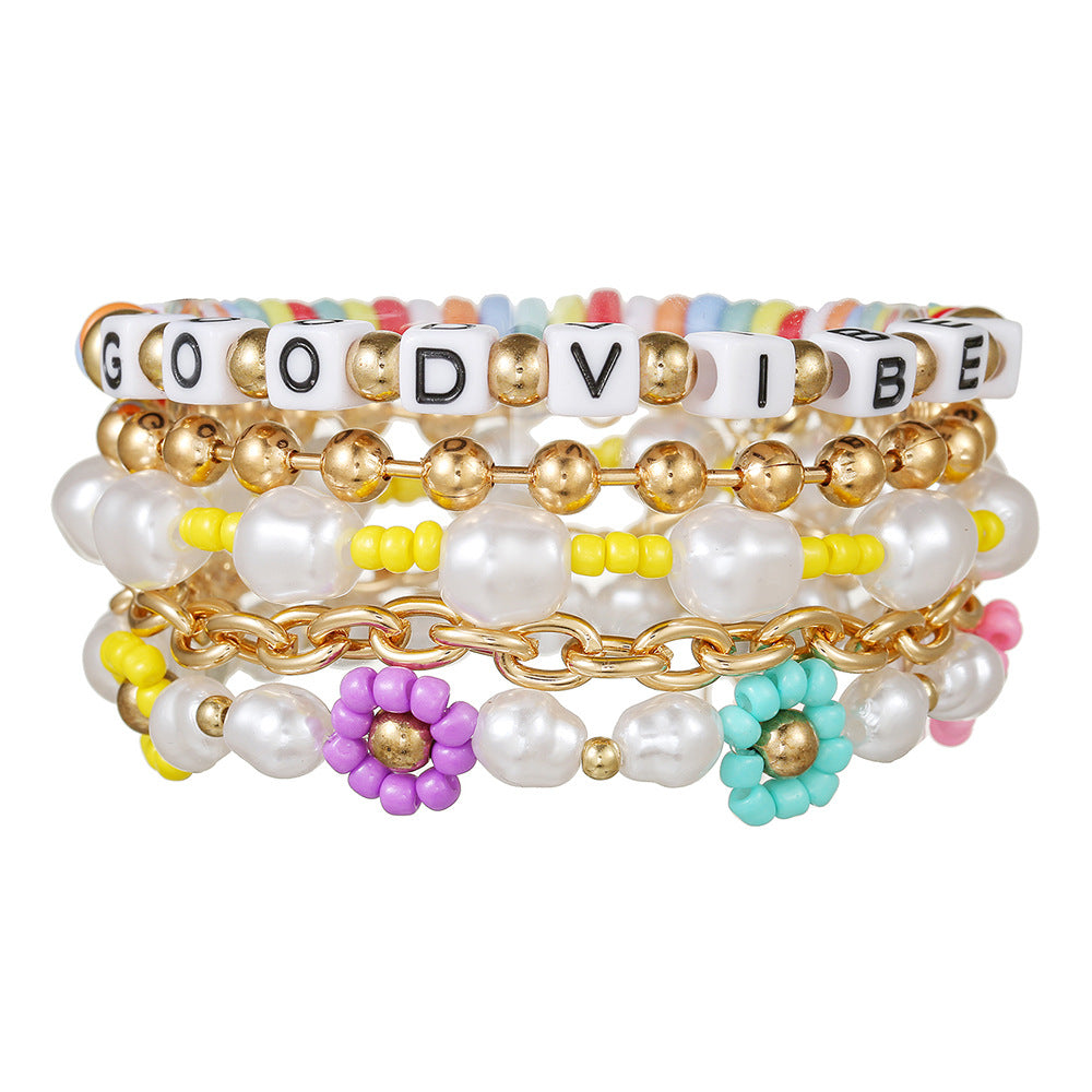 Bohemian Floral Letter Resin Turquoise Imitation Pearl Bracelet Set