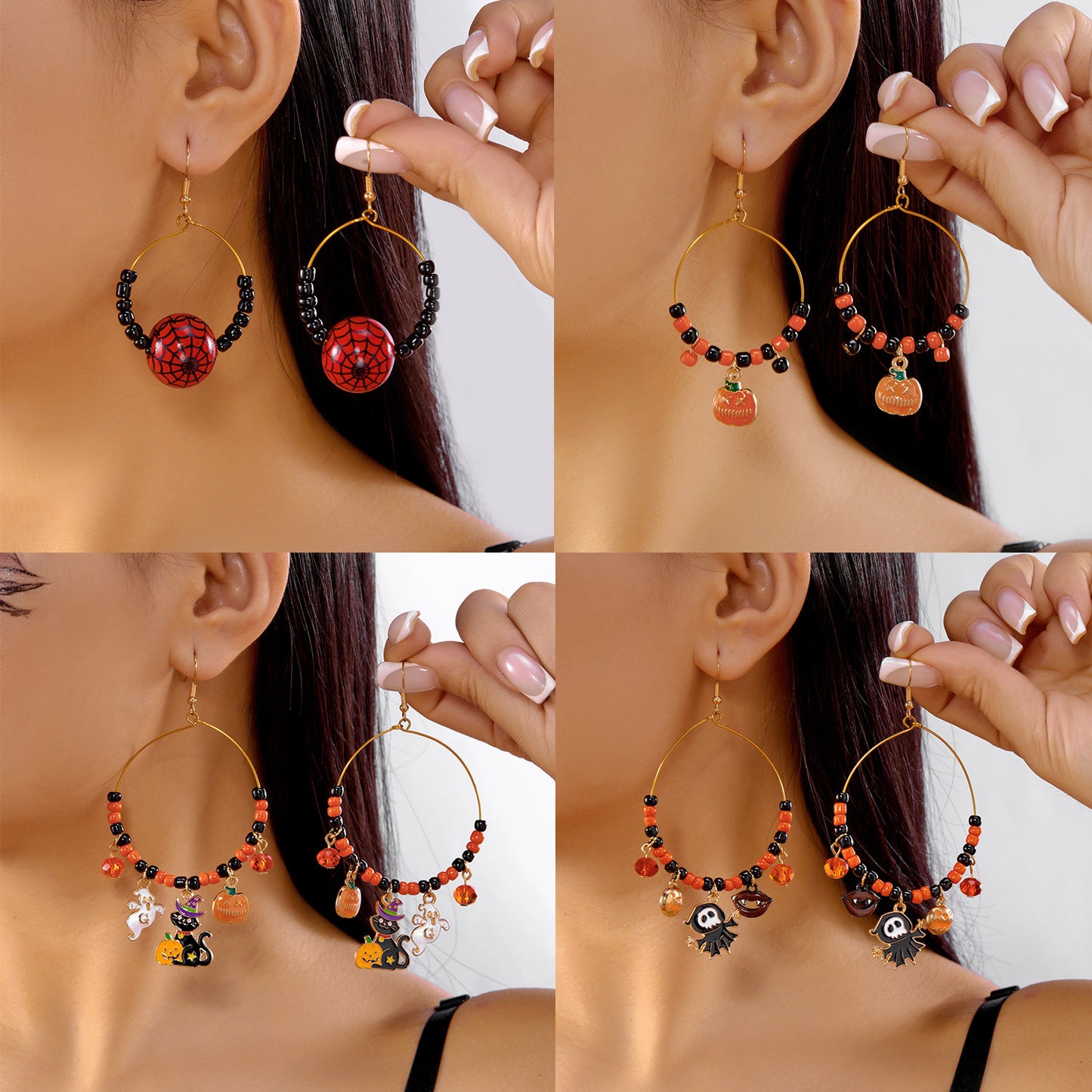 Pendientes de Halloween bonitos y divertidos con diseño de calabaza, fantasma, araña, murciélago y gato en forma geométrica, de aleación galvanizada para mujer