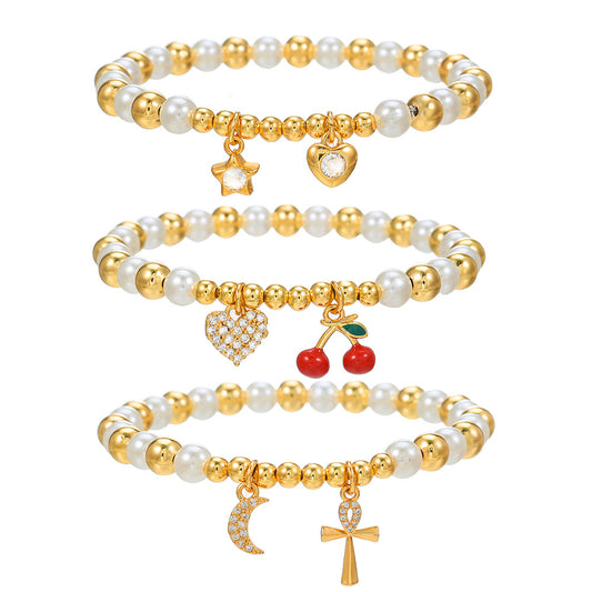 Cherry Heart Cross Fruit Shape Brass Bracelet with Cubic Zirconia and Pearl Inlay for Unisex