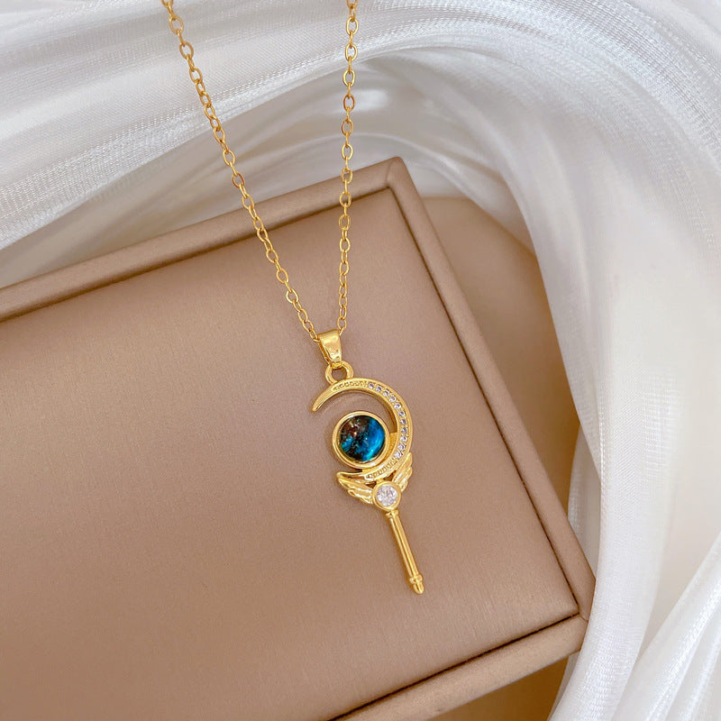 Minimalist Starry Sky Magic Wand Pendant Necklace for Women with Titanium Steel Chain and Rhinestone Inlay