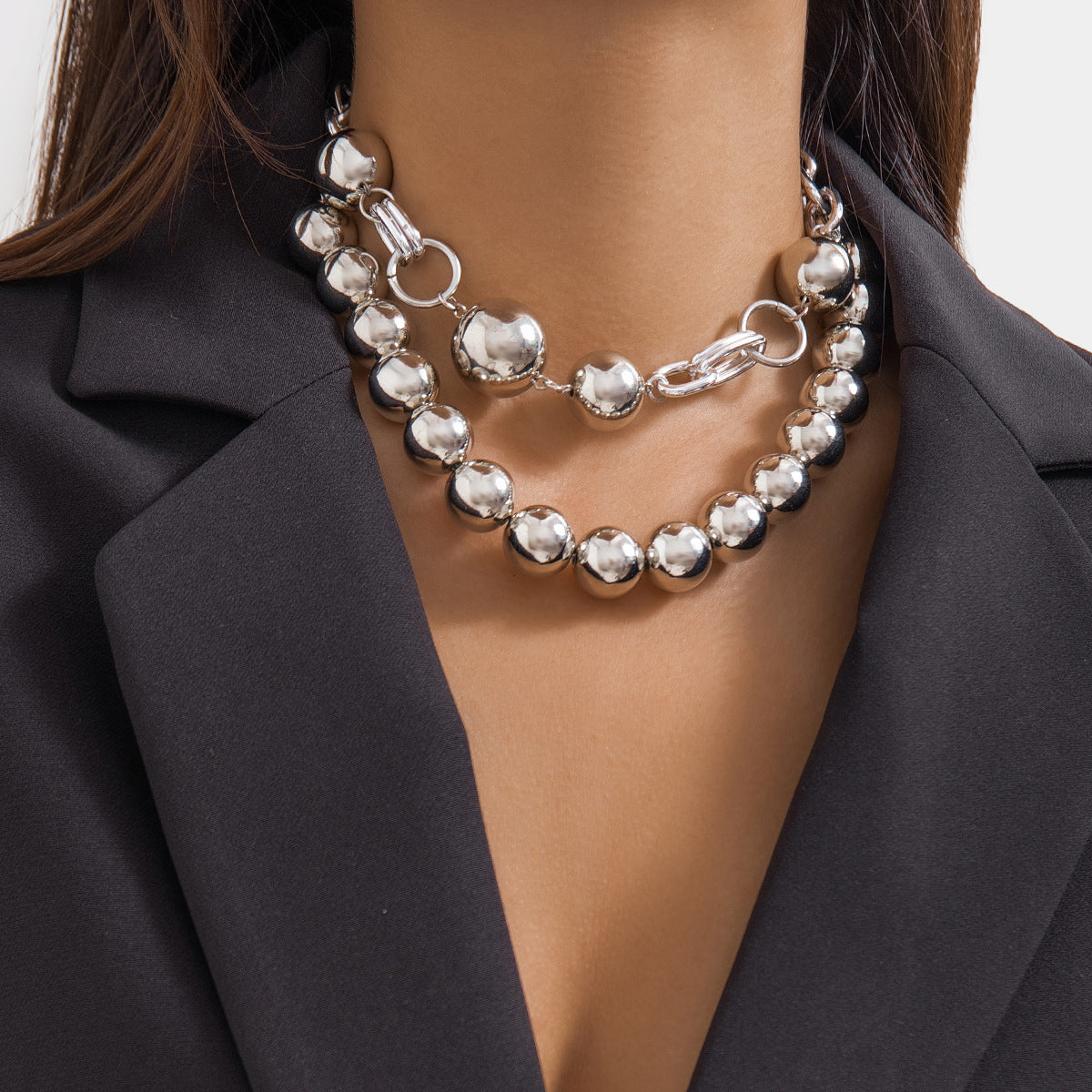 Collar de doble capa estilo perla geométrica minimalista con acabado chapado para mujer
