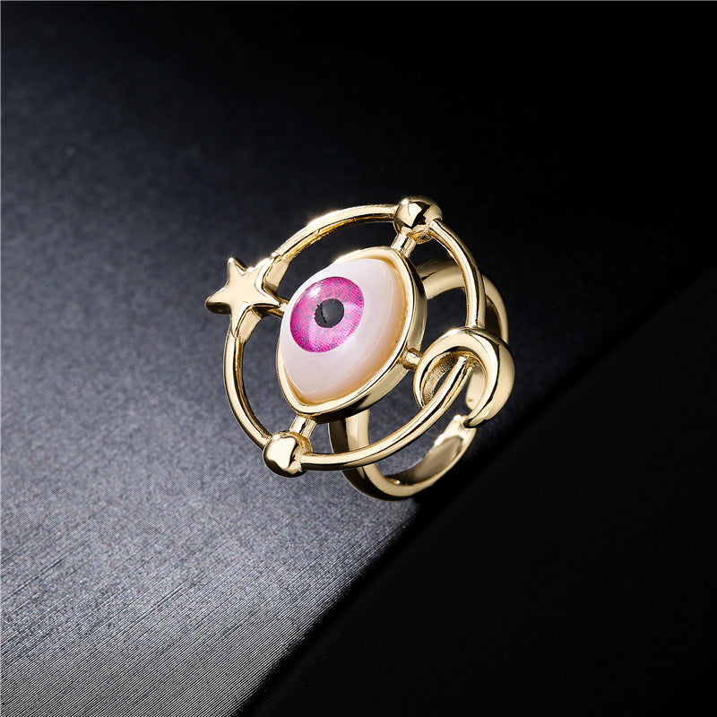 Gold Plated Brass Geometric Star Moon Micro-Inlay Ring
