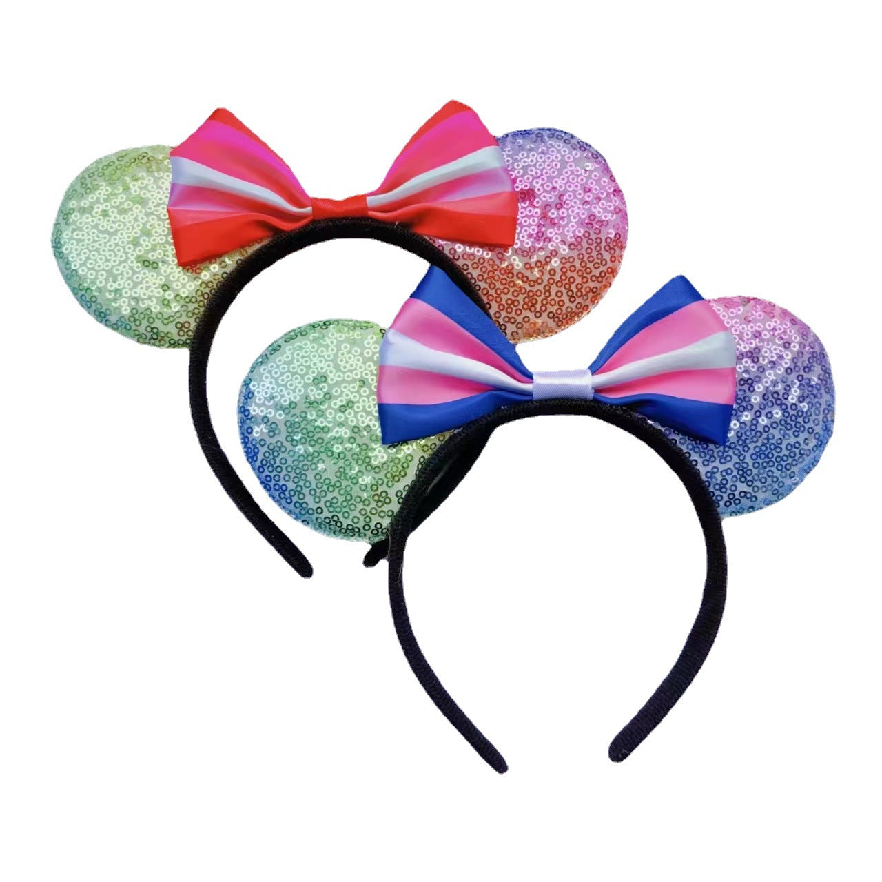 Cartoon Mickey Mouse Ear Headband with Rainbow Sequins and Bow for Theme Parties