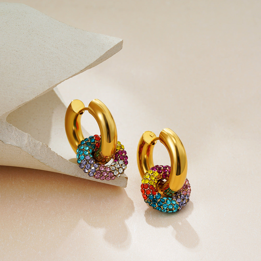Orecchini a Cerchio Rotondi in Acciaio Inossidabile Placcato Oro 18K con Intarsio di Strass Unisex