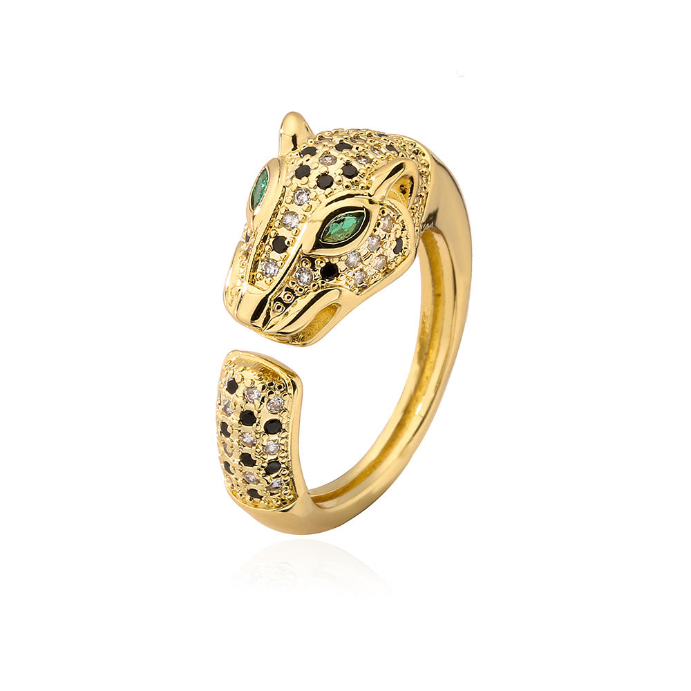 Anello aperto geometrico alla moda da donna con base in rame placcato in oro 18 carati e design a leopardo con zirconi micro-incastonati