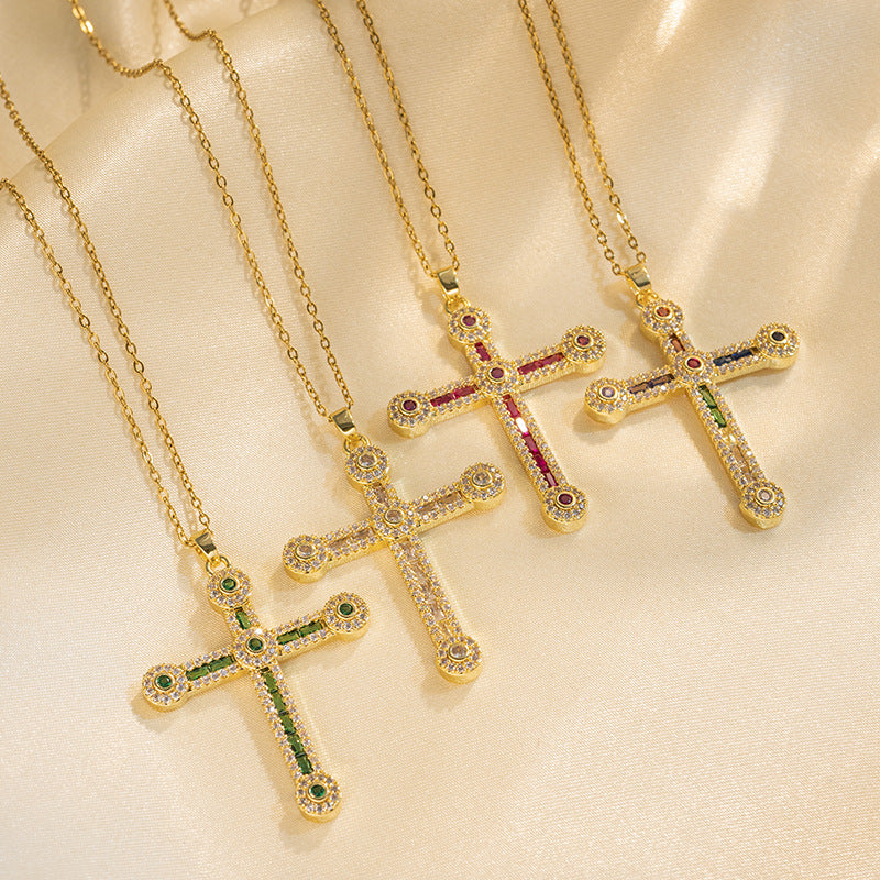 Vintage Hip Hop Cross Pendant Necklace in Titanium Steel with Rhinestone Inlay on O-Chain for Women