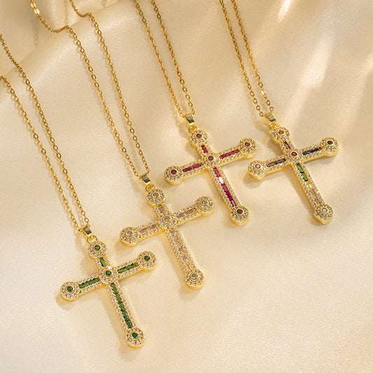 Collana Pendente Croce Vintage Hip Hop in Acciaio al Titanio con Intarsio di Strass su Catena a O per Donna