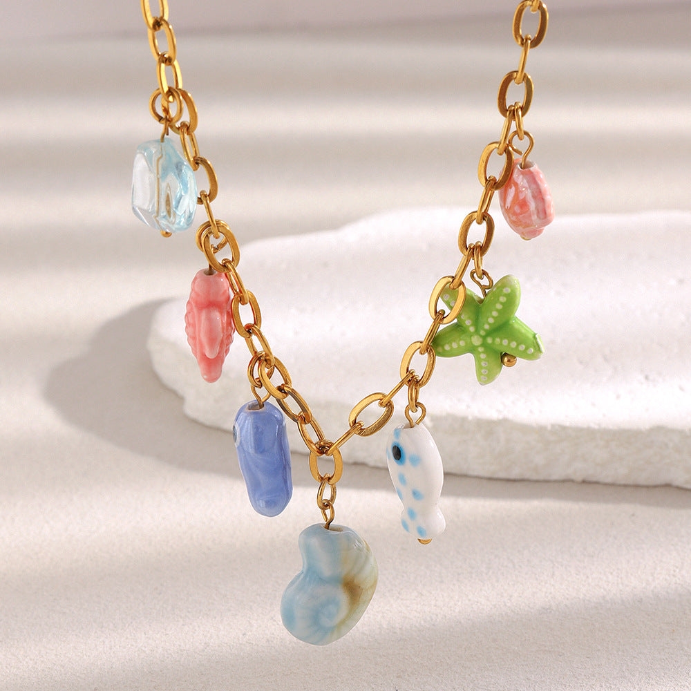 18K Gold Plated Stainless Steel Ceramic Geometric Fish Charm Bar Necklace for Women