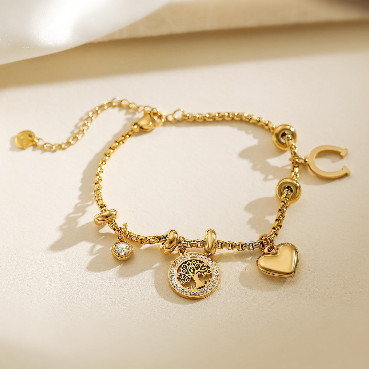 Bracciale con ciondolo a forma di albero della vita geometrico minimalista da donna in acciaio inossidabile placcato oro 18 carati e intarsio in zirconi
